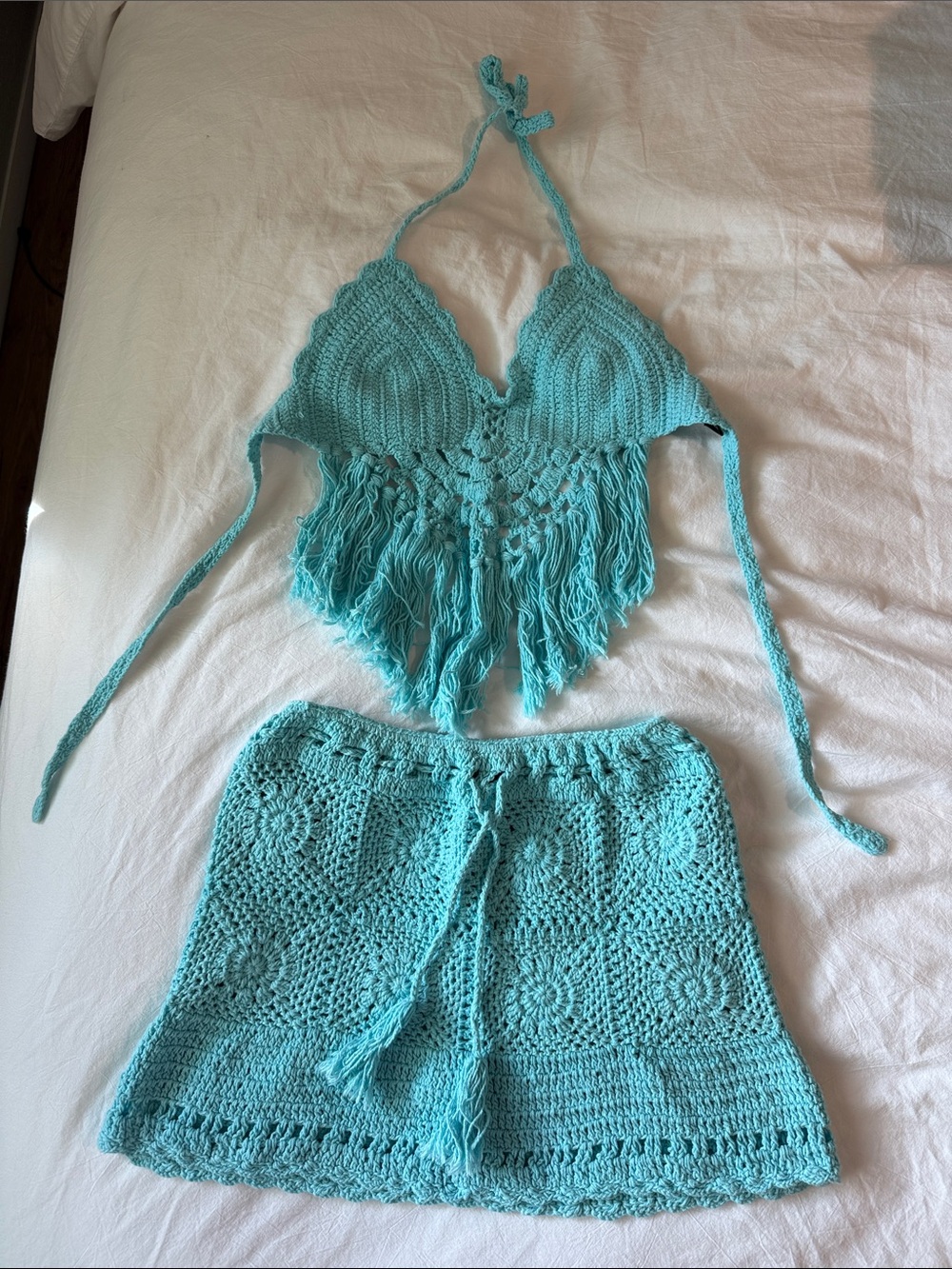 Handmade Crochet Halter Top & Skirt Set - Aqua Teal S/M
